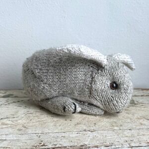 Handmade Knit Bunny Rabbit Plush Grey White Soft Toy 9"